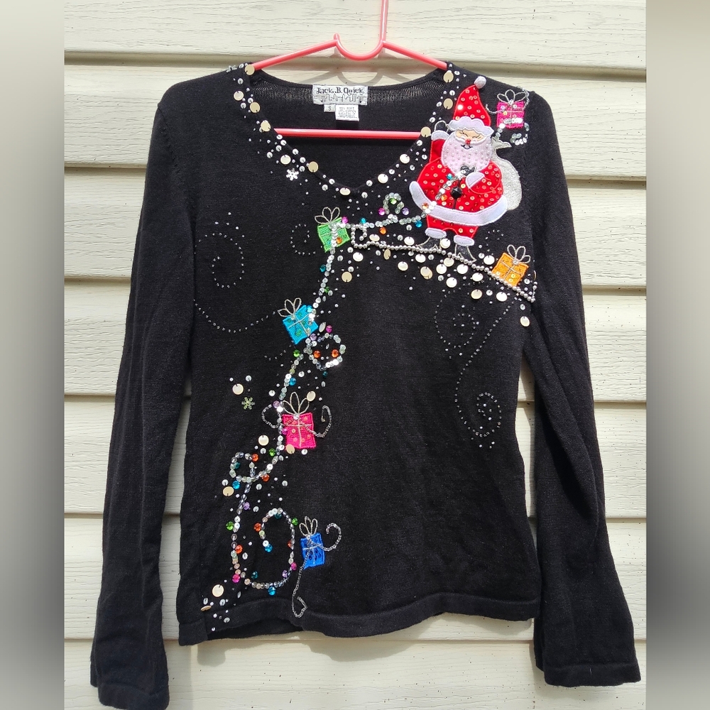 Vtg Embellished Christmas Sweaater Jack B‎ Quick Holiday Santa Small Beaded 3D
